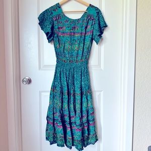 Vintage 80s Green Pattern Maxi Dress with Bead and Button Embellishments